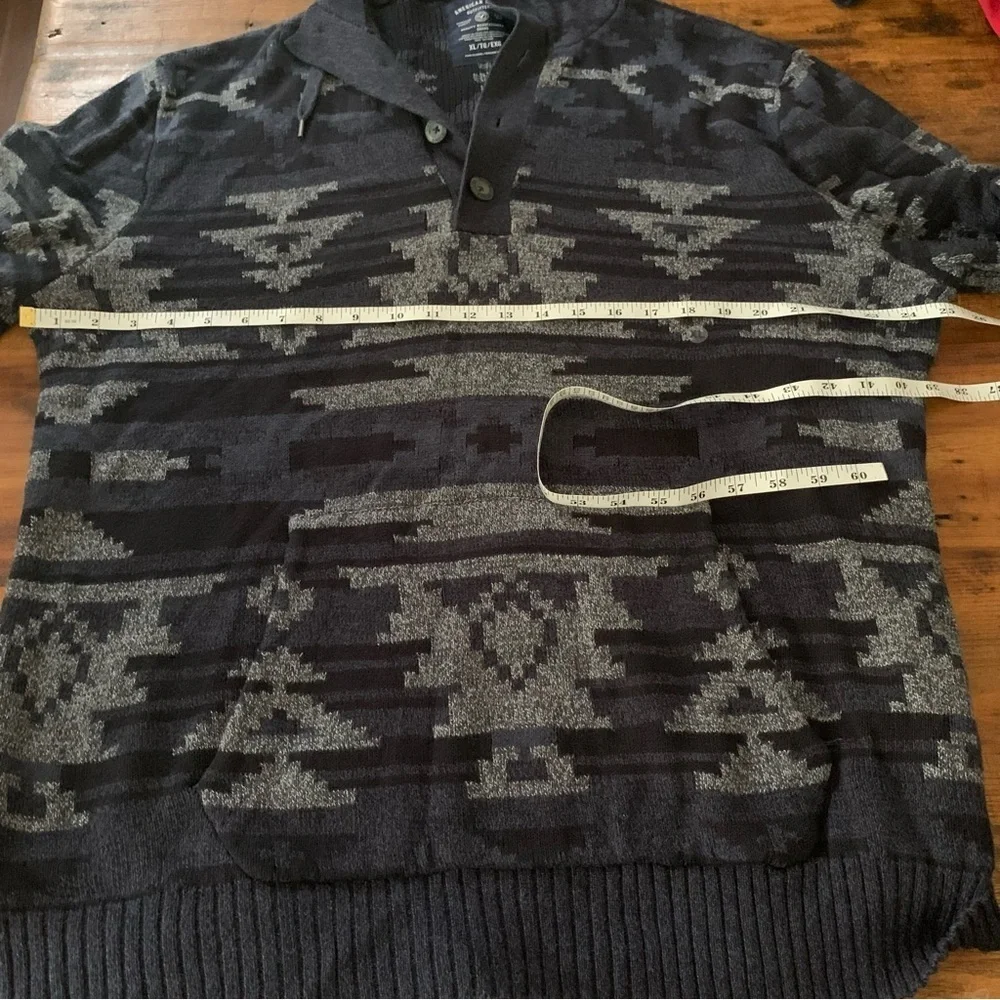 American Eagle Mens Nordic Fair Isle Navy Cotton Hooded Sweater Sz XL